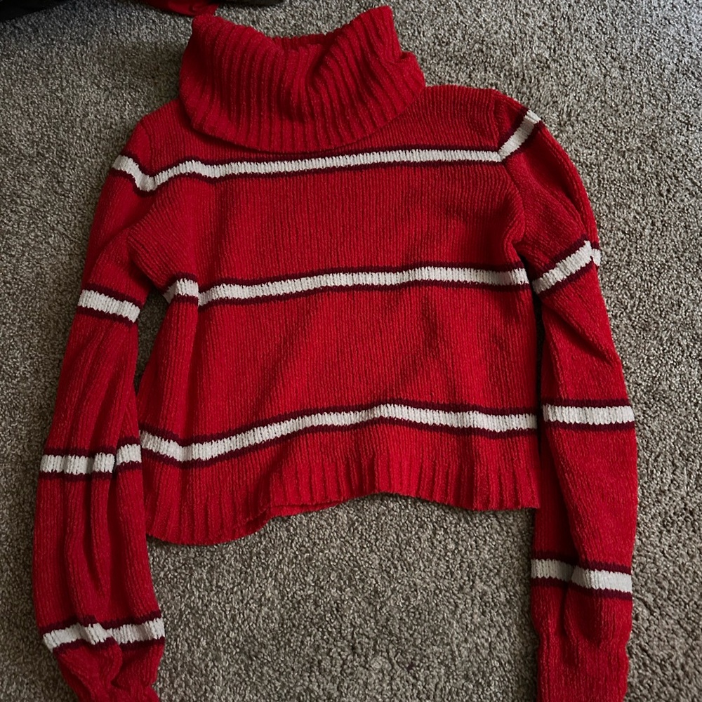 Red stripped cropped chunky neck sweater